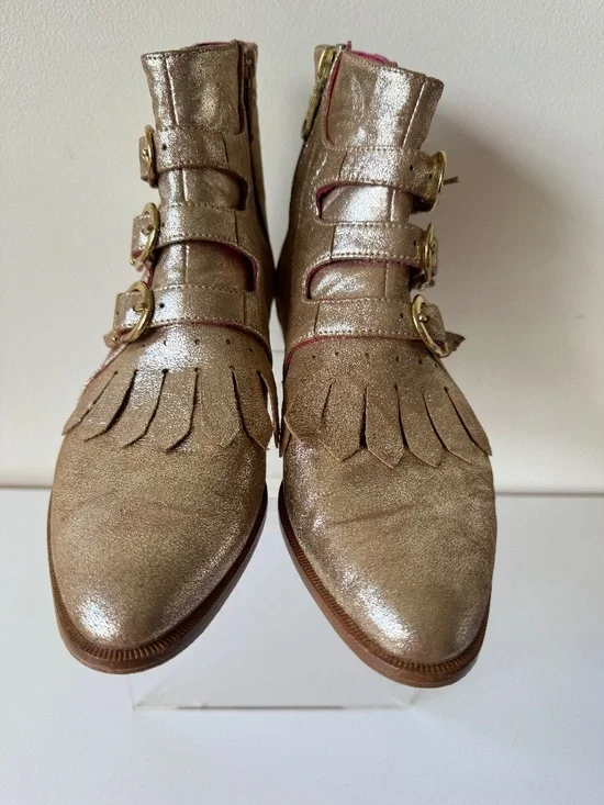 MODERN VICE NYC Handmade Leather Boot Metallic Gold Zip Up Buckle Size 37 Fringe - Picture 2 of 15